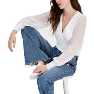 Crave Fame Juniors Sheer Sleeve Rib Knit Ivory Blouse, Size XS